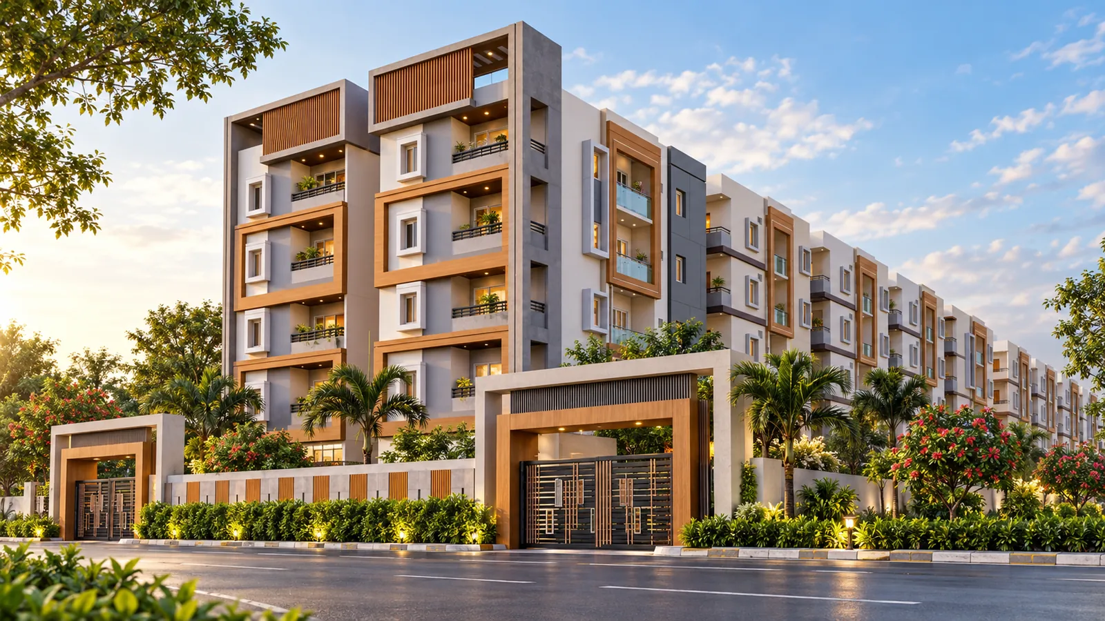 Landscaped gated apartment entrance