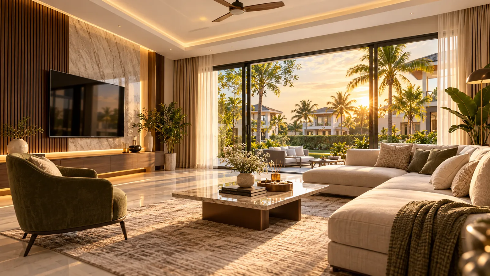 Premium modern living room with large windows overlooking a residential community