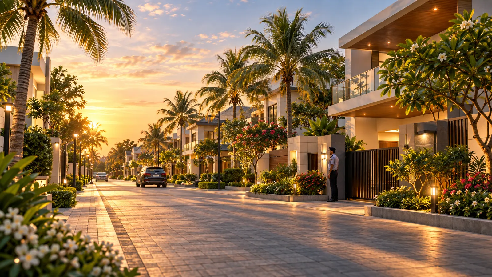 Landscaped villa community street at sunset