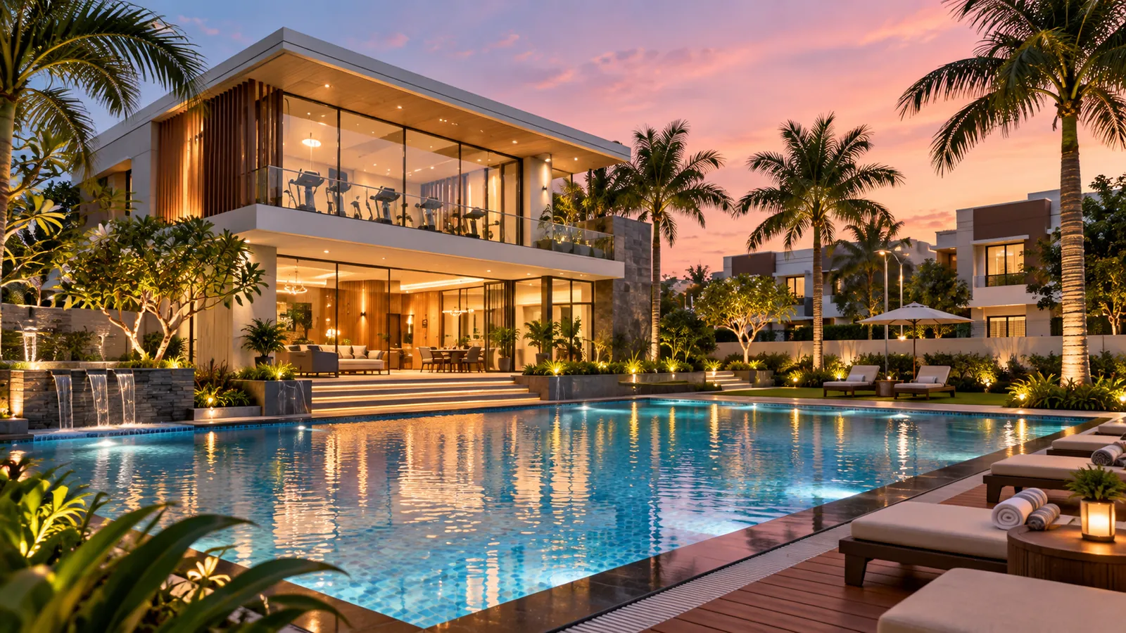 Twilight clubhouse and swimming pool