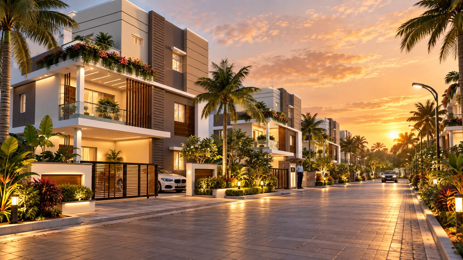 Tree-lined modern villa avenue