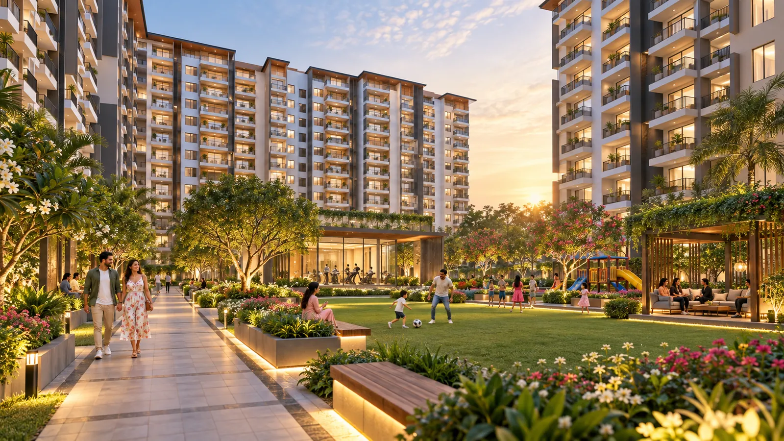 Active apartment community courtyard