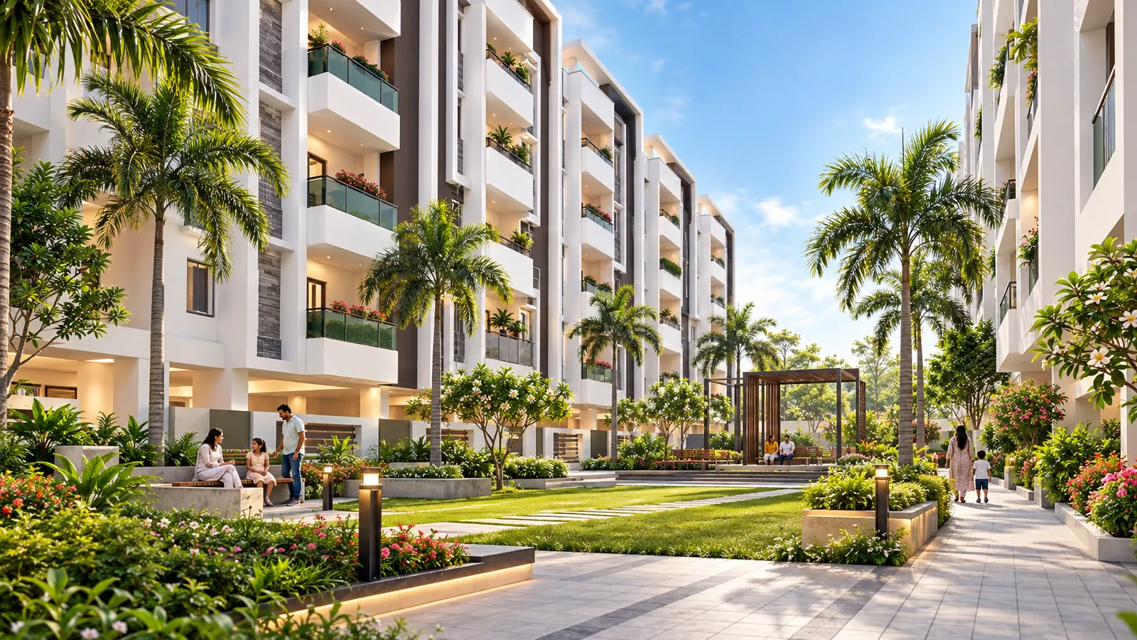 Sunlit landscaped apartment courtyard